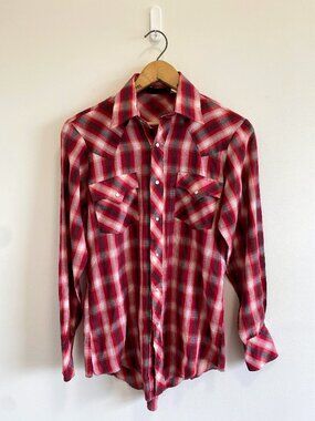 Vintage Red Plaid Western Style Button Down Shirt / 70s